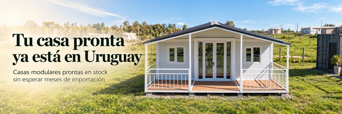 Casa modular Tangente con galería y deck opcionales, en stock y lista para entregar en Uruguay